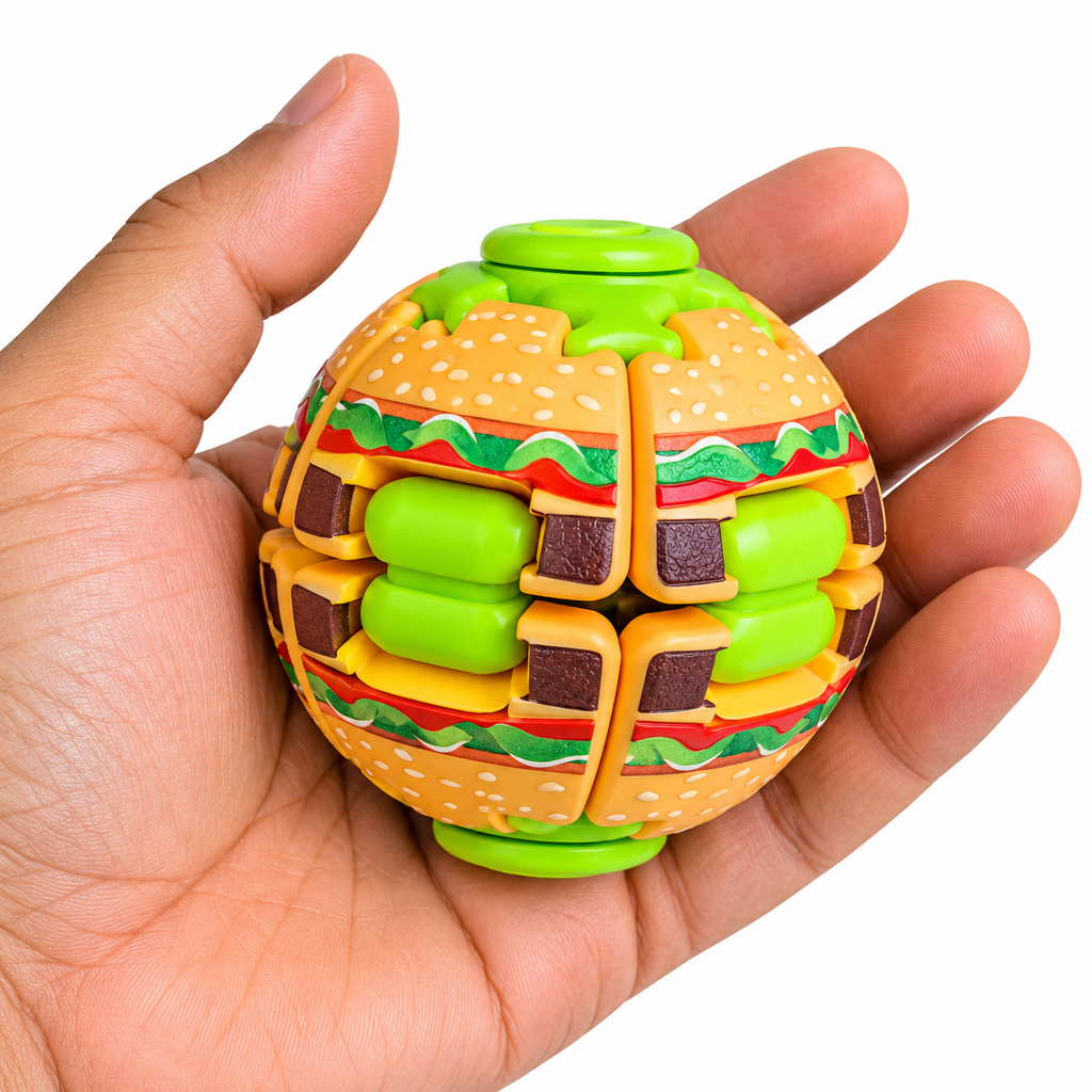 Rotate Press Hamburger Fidget Ball – Press, Spin & Auto-Rotate Sensory Toy
