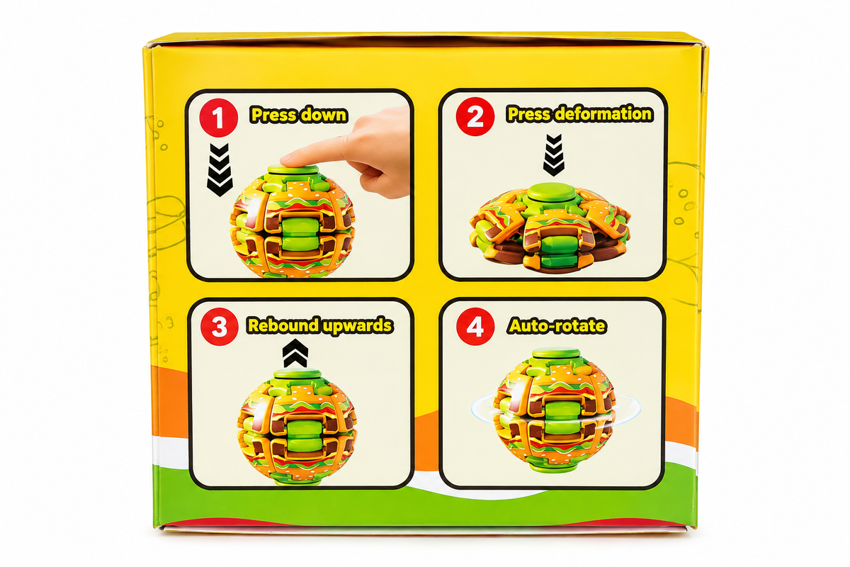 Rotate Press Hamburger Fidget Ball – Press, Spin & Auto-Rotate Sensory Toy